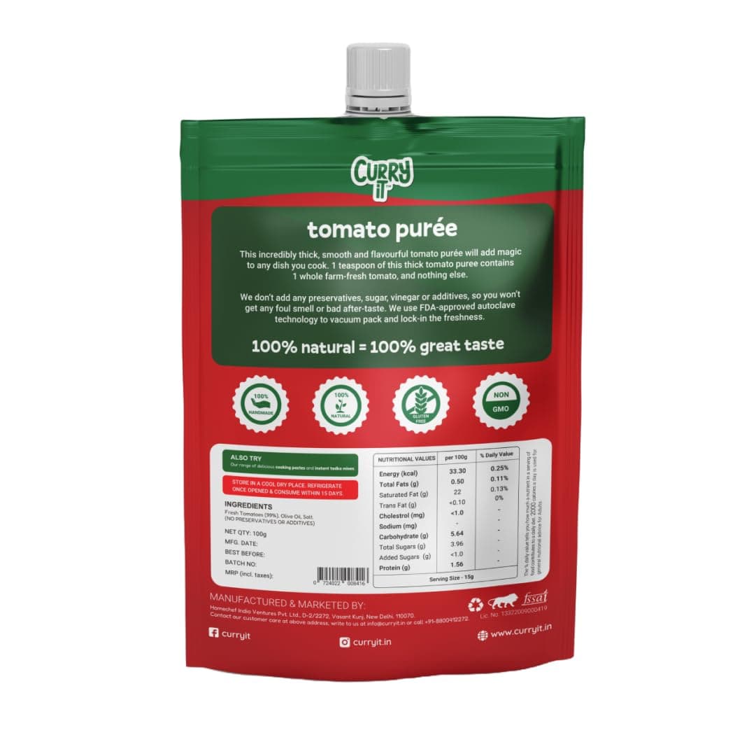 CURRYiT Tomato Puree | Made With 100% Fresh Hand Picked Tomatoes | No onion & Garlic | Tomato Paste For Cooking Pasta & Curries | No Added Preservatives or Colors | Pure & Natural (100g x 3) 300g — image 8