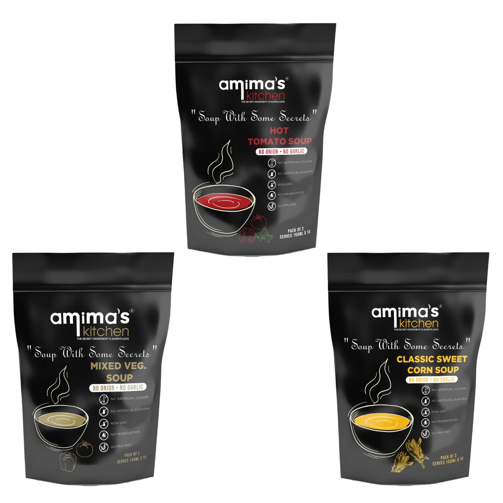 Amima's Kitchen Combo Of Hot Tomato + Mixed Veg. + Classic Sweet Corn Jain Soup (No Onion No Garlic) - 100 Grams (Pack of 3) | Instant Soup Mix Powder | Ready To Cook | No Artificial Flavour & Colour | Gluten Free | Non GMO | Healthy Soup — image 2
