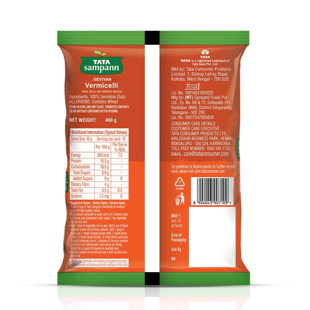 Tata Sampann Unroasted Vermicelli, Protein Rich Seviyan, Made with Suji, No Added Maida, Source of Dietary Fibre, 400g — image 2