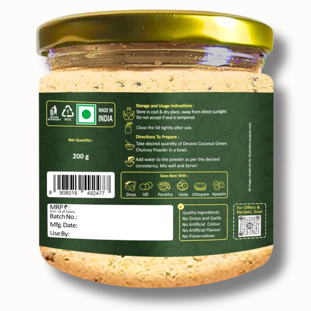 Devavo Coconut Green Chutney Powder | Just Add Water to Prepare | Authentic South Indian Recipe | No Onion & Garlic | No Artificial Colour & Flavour | No Preservatives (200 g) — image 8