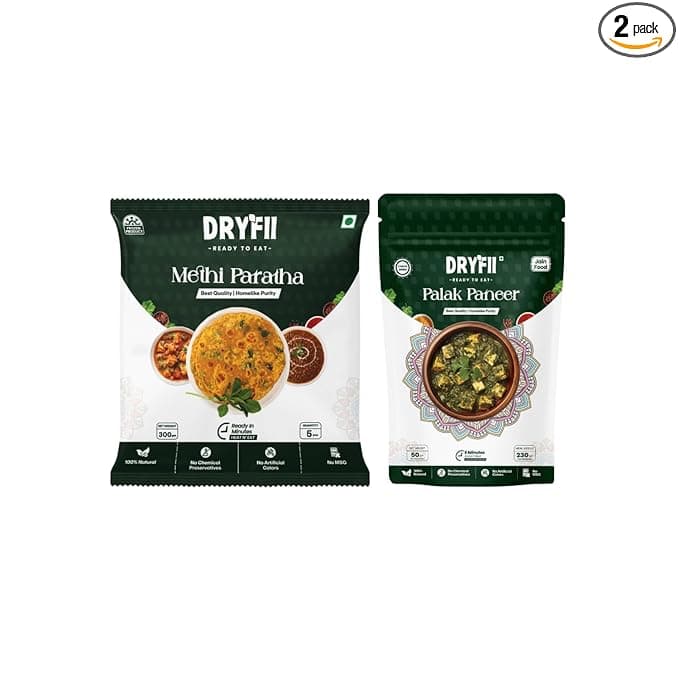 Dryfii Ready to Eat Methi Paratha (5 Pieces, 1 Pack) & Jain Palak Paneer Combo | Freeze Dried | Protein Rich Meal | No Onion No Garlic