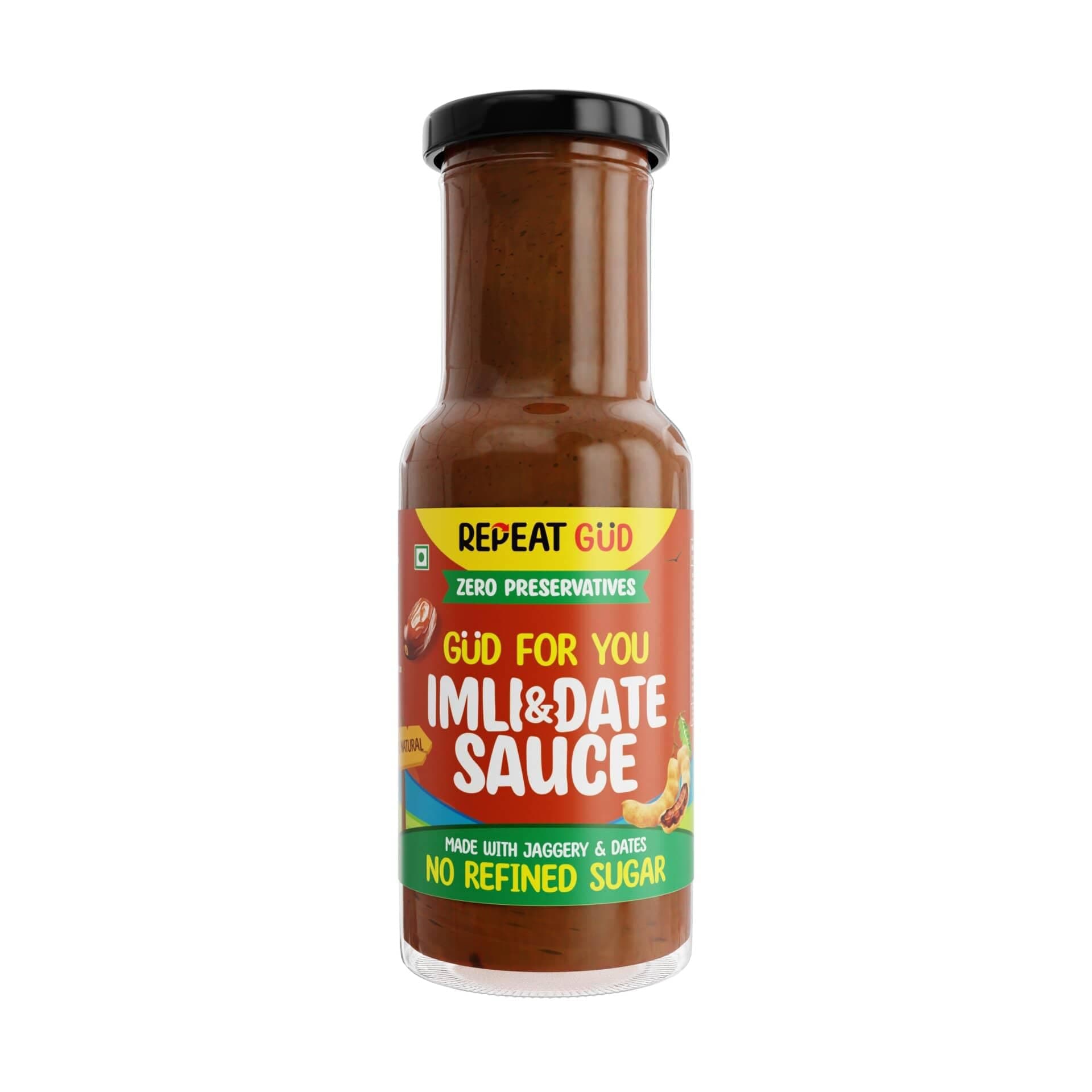 REPEAT GUD Healthy Imli & Date Sauce 100% Natural Ingredients | No MSG | No GMO | No Refined Sugar, Made With Jaggery & Dates | 100% Chemical & Preservative Free | GUD For Kids | 100% Vegetarian | 225 gm