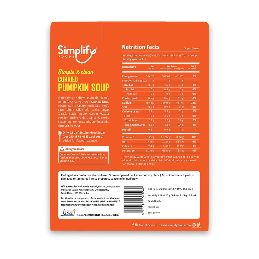 Simplify Foods Curried Pumpkin Instant Soup | Pack of 2 Single-Serve Sachets (Each Makes ~125 ml) | Made with 62% Real Pumpkin | Just Add Hot Water | Travel-Friendly | Clean Label | 0% Additives or Preservatives — image 2
