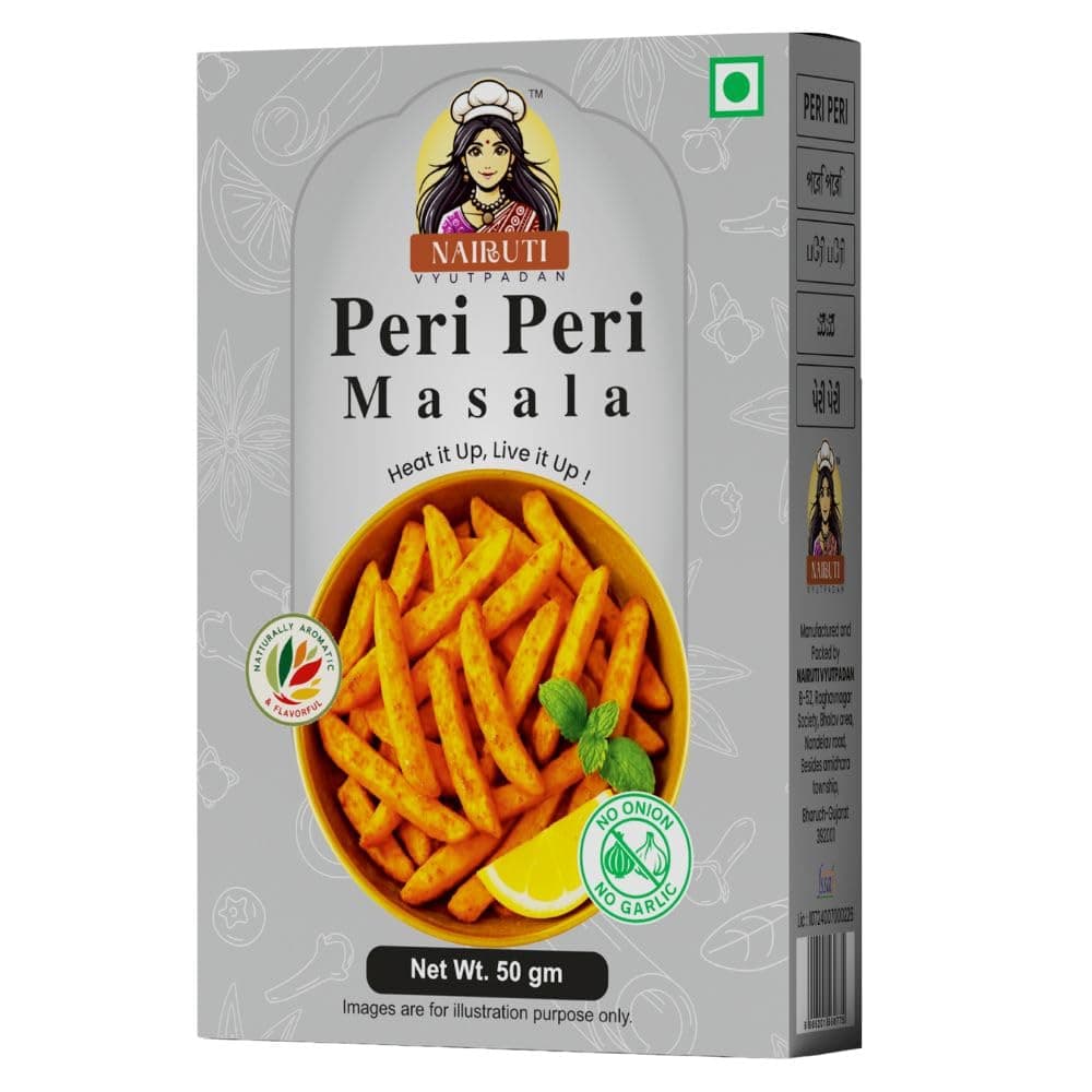 Nairuti Vyutpadan Jain Peri Peri Masala 50g | No Onion No Garlic | Jain-Friendly Satvik Spice Blend | Tangy & Spicy Seasoning for Snacks, Fries, Popcorn, Makhana & Chips | Pure & Natural