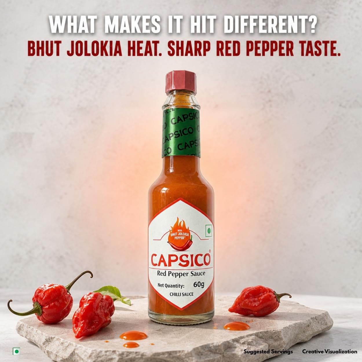 Dabur Capsico Red Pepper Sauce - 60g (Chilli Sauce) | Red Hot Sauce | For Pizza, Pasta, Sandwich & Mocktails | Made With Fresh Bhut Jolokia Pepper : Spiciest Chilli | Pure & Authentic Chilli Sauce | NO Artificial Flavours — image 3