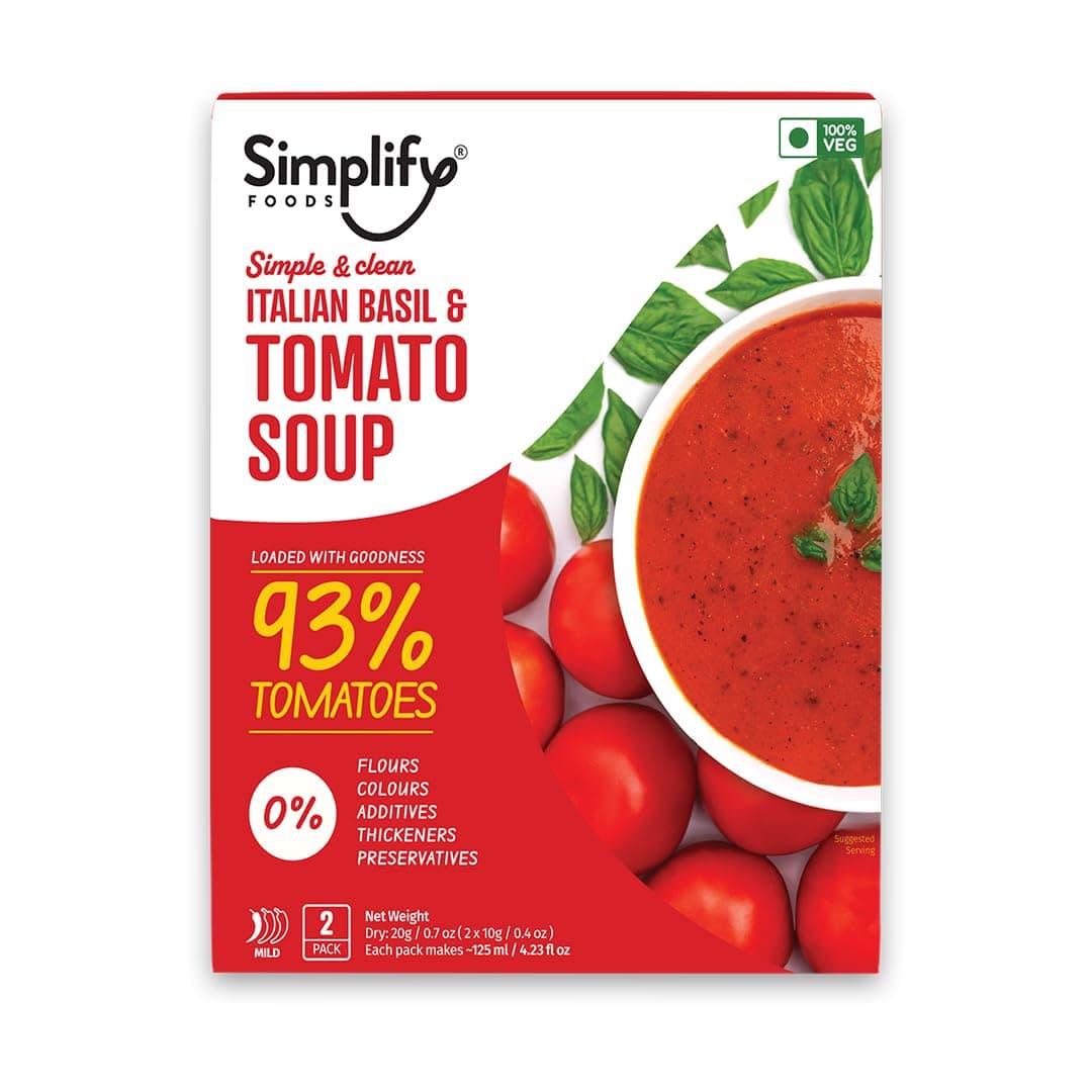 Simplify Foods Italian Basil & Tomato Instant Soup | Pack of 2 Single-Serve Sachets (Each Makes ~125 ml) | Made with 93% Real Tomato & Basil | Just Add Hot Water | Travel-Friendly | Clean Label | 0% Additives or Preservatives