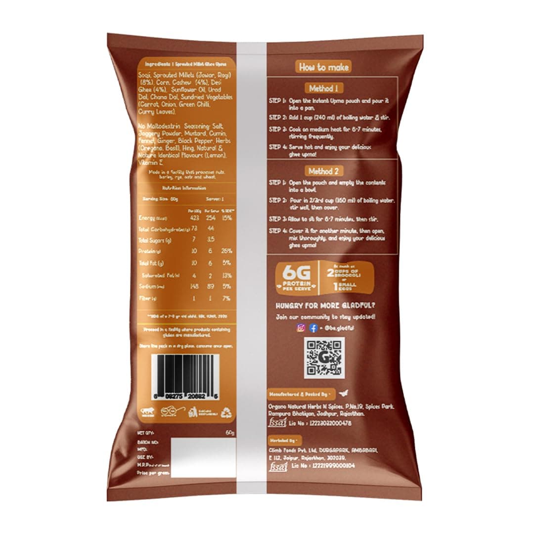 Gladful Sprouted Millet Instant Ghee Upma Mix - No Palm Oil, Trans Fat & Maida - Made with Jawar, Ragi and Suji/Rawa, Ghee & Cashew - Multigrain Protein Breakfast Healthy Snack - Pack of 6 (60g each) — image 9