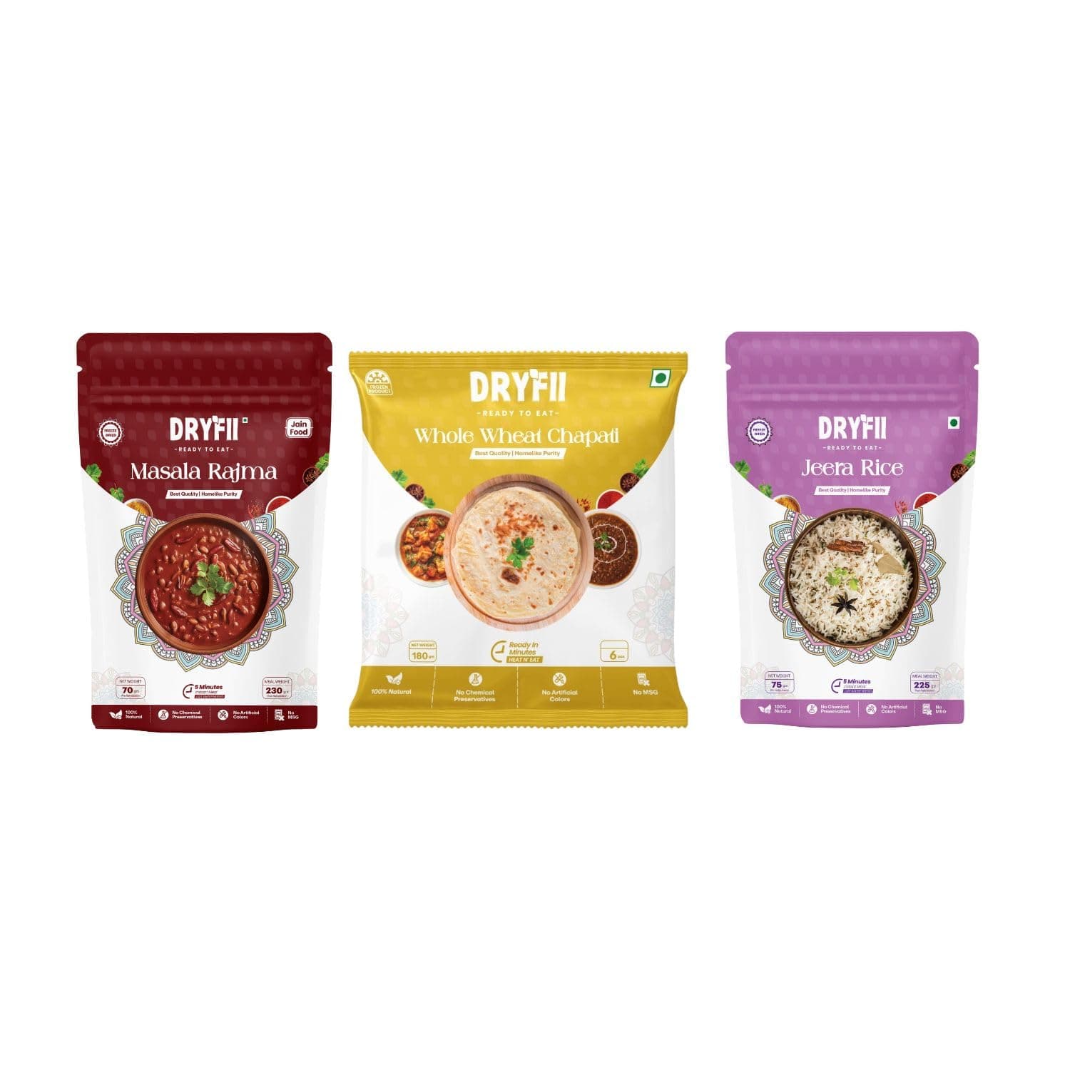 Dryfii Ready-to-Eat Chapati with Jain Rajma & Rice | Satvik Pure Combo Meal | No Onion No Garlic | Healthy Jain Indian Food Pack