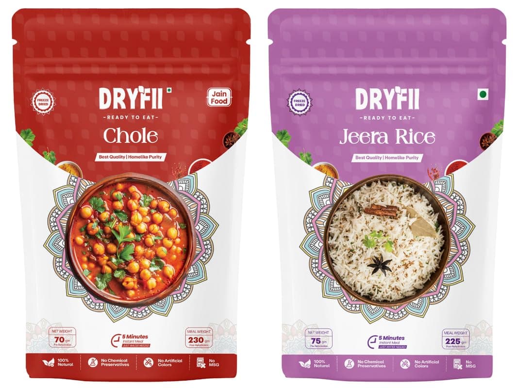 Dryfii Freeze Dried Jain Chole and Jeera Rice | Ready-to-Eat-Food | Instant Meal | Rehydrated Weight 455 g