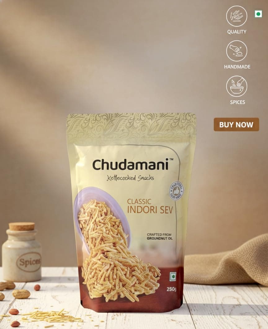 Chudamani Classic Indori Sev, Kettlecooked Snacks, Crispy and Spicy Namkeen, Famous Indori Cooked Snacks Namkeen - 250gm — image 7