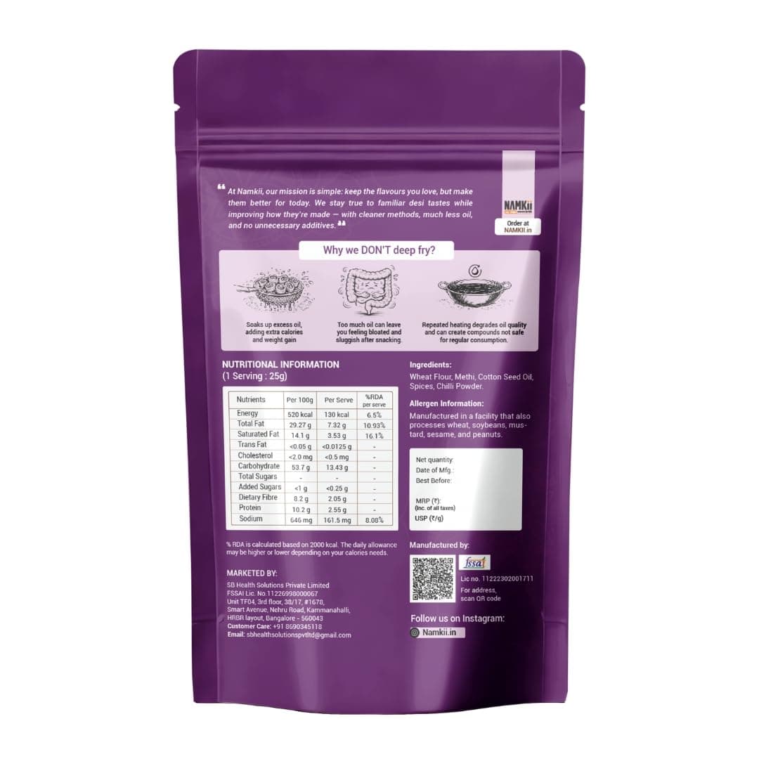 NAMKII Baked Methi Masala Mathri | Baked Not Fried, No Maida, No Palm Oil | Zero Trans Fat, Low Saturated Fat | Healthy Snacks, Mathri, Namkeen | Perfect for tea-time snacking, mid-night cravings, or tiffins | 175 g (Pack of 2) — image 3