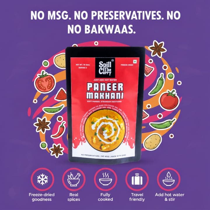 SPILL THE CURRY Paneer Makhani Jain Ready to Eat | No Onion No Garlic | Authentic Punjabi Paneer in Tomato Butter Gravy | Freeze Dried Instant Food | Just Add Hot Water | Vegetarian Meal for Travel & Hostels | Pack of 1 (70g) — image 4