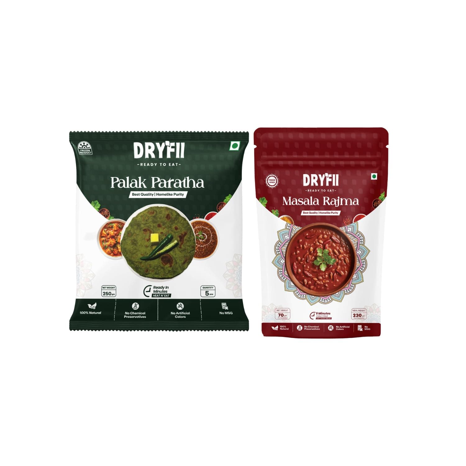 Dryfii Ready-to-Eat Palak Paratha (5 Pcs | 1 Pack) with Jain Rajma | Wholesome Veg Meal | Pure Vegetarian