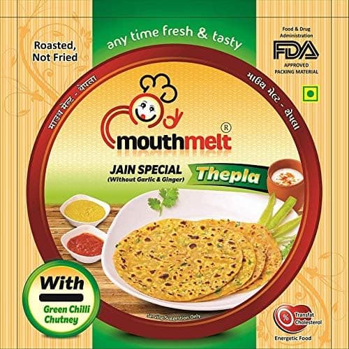 Mouthmelt Jain Special Thepla Pack of 4 | Ready to Eat,Rosted, Not Fried | without Garlic & Ginger | 3 Month Shelf Life- Free Green Chutney - Gujarati Snack (200G x 4 Packets, 6 pcs in 1 pack) - 800 Grams