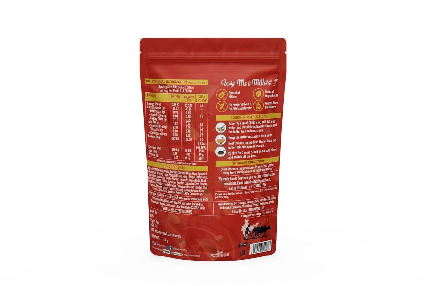 ME & MILLETS Sprouted Millet Ragi Chilla Mix Combo (150g X 2) - Chatpata Masala, No Preservatives, No Palm Oil, Natural Healthy Protein & Fiber-Rich Breakfast For Kids & Family (Jain Friendly) — image 3