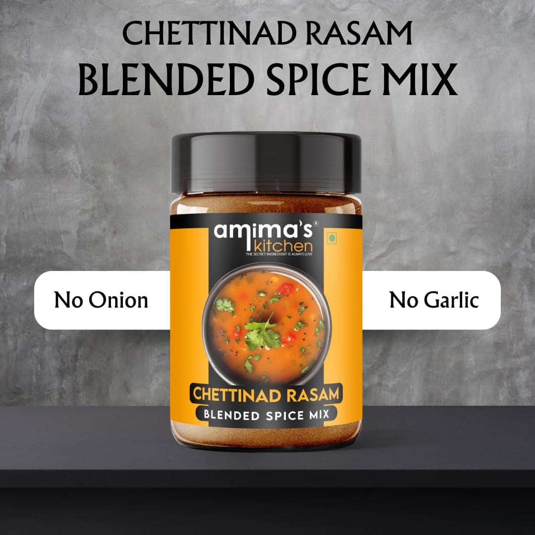 Amima's Kitchen Combo Of Bisi Bele Bhaat + Chettinad Rasam Jain Spice Mix (No Onion No Garlic) – 100 Grams (Pack of 2) | Blended Spice Mix | For Healthy and Delicious Cooking | No Synthetic Flavour & Color | Ready Masala Powder — image 8
