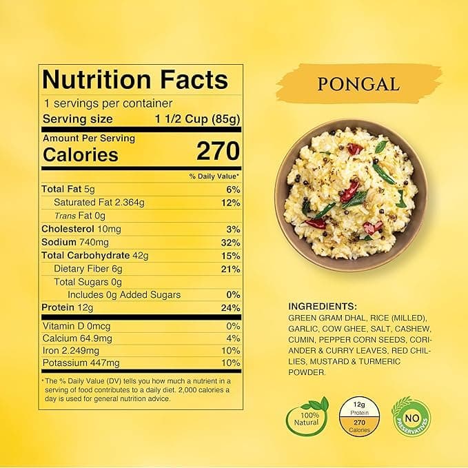 Instabites Ready to Eat Pongal 65g, No Added Preservatives and Ready to Eat in Minutes - Pack 3 — image 2