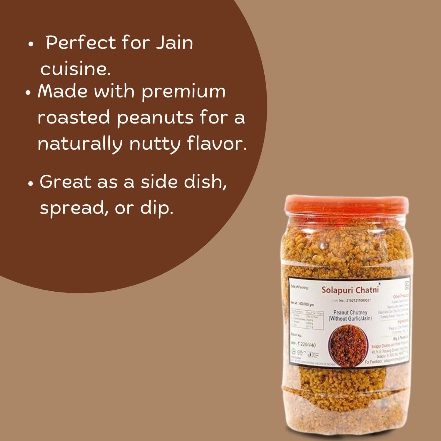Solapuri Peanut Chutney Powder 350g | Authentic Maharashtrian Solapur Style Dry Chutney | Without Garlic & Onion | Jain Friendly Groundnut Chatni | Spicy Peanut Chutney for Bhakri, Roti, Dosa, Idli & Snacks — image 2
