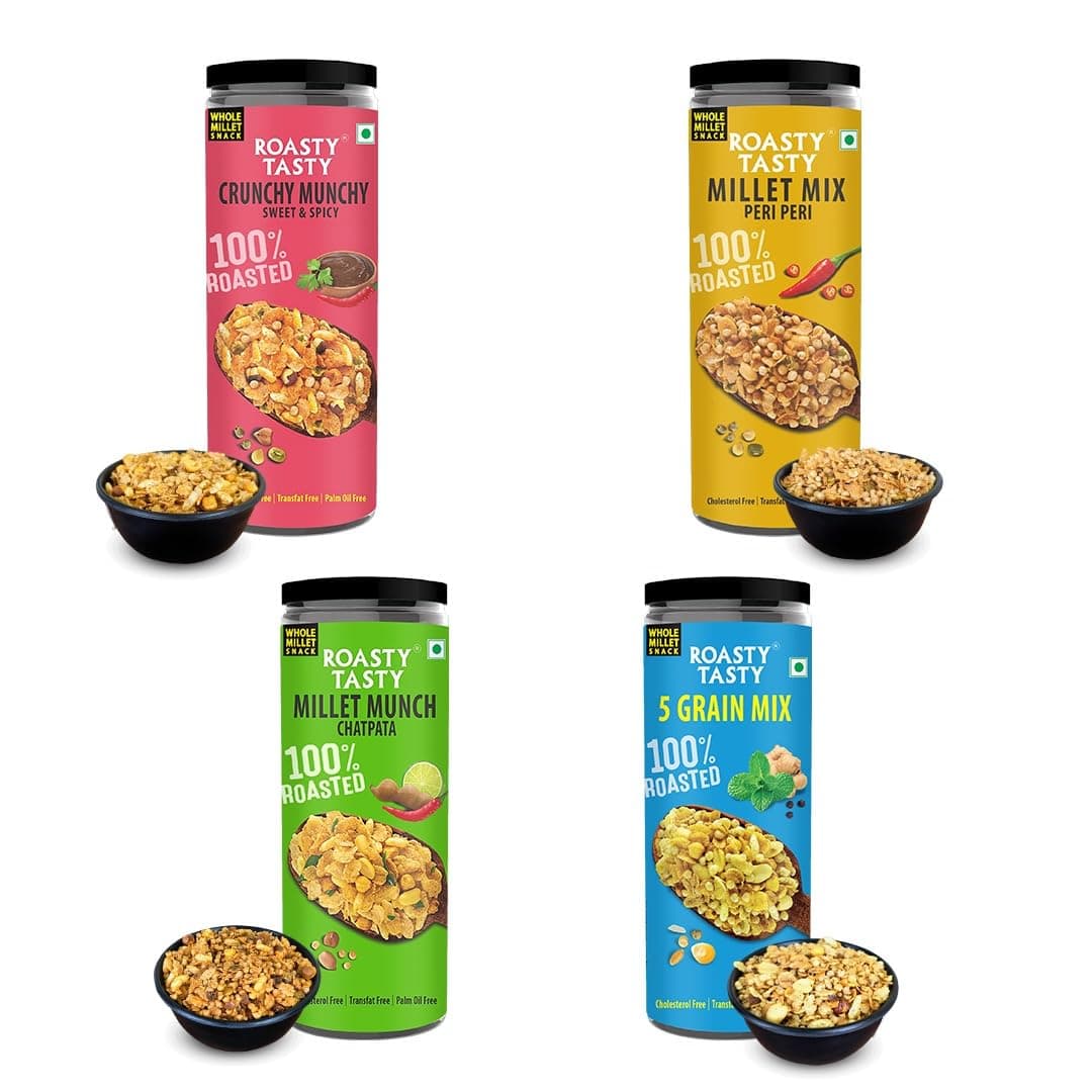 Roasty Tasty Millet Namkeen Combo | 100% Roasted, Non-Fried Munchies | 4 Flavours – Pudina, Peri Peri, Chatpata, Sweet & Spicy | 20% Millets | Healthy Snacks for Kids & Adults | Palm Oil-Free | 300g — image 6