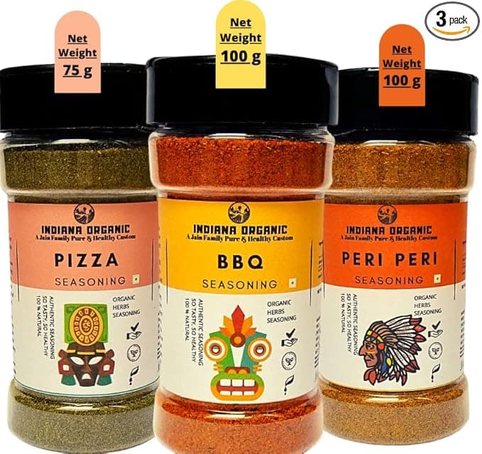 Indiana organic bbq | peri peri | pizza seasoning - combo of 3 Jain seasoning. No onion and garlic.