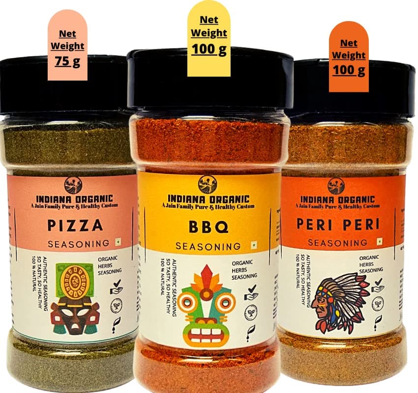 Indiana organic bbq | peri peri | pizza seasoning - combo of 3 Jain seasoning. No onion and garlic.