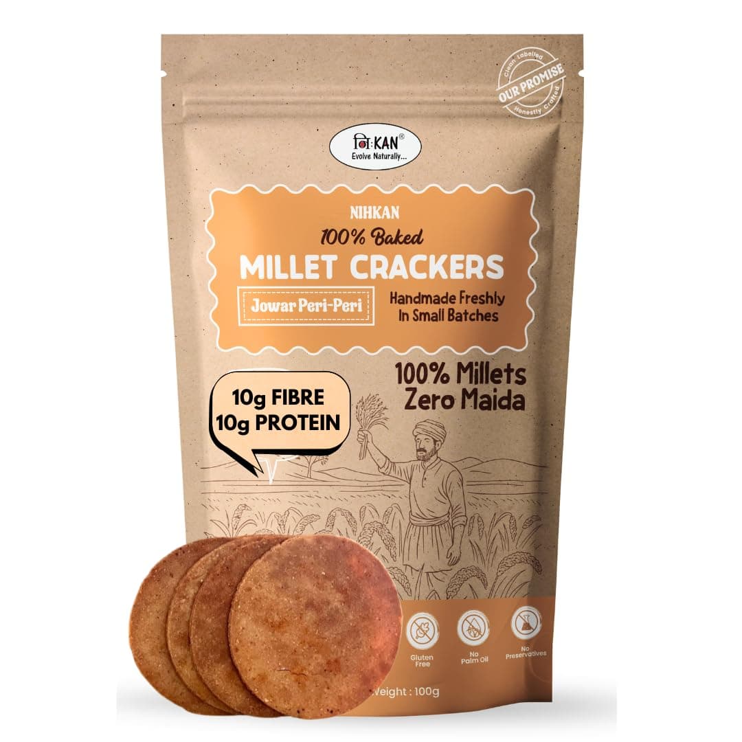 NIHKAN Jowar Millet Crackers - Gluten free | No Maida | High protein | High Fibre - Handmade & baked chai time guilt free snacks - Healthy Millet Snack - No Preservatives & No Baking soda - 100g each (Jowar Peri-Peri Flavour)