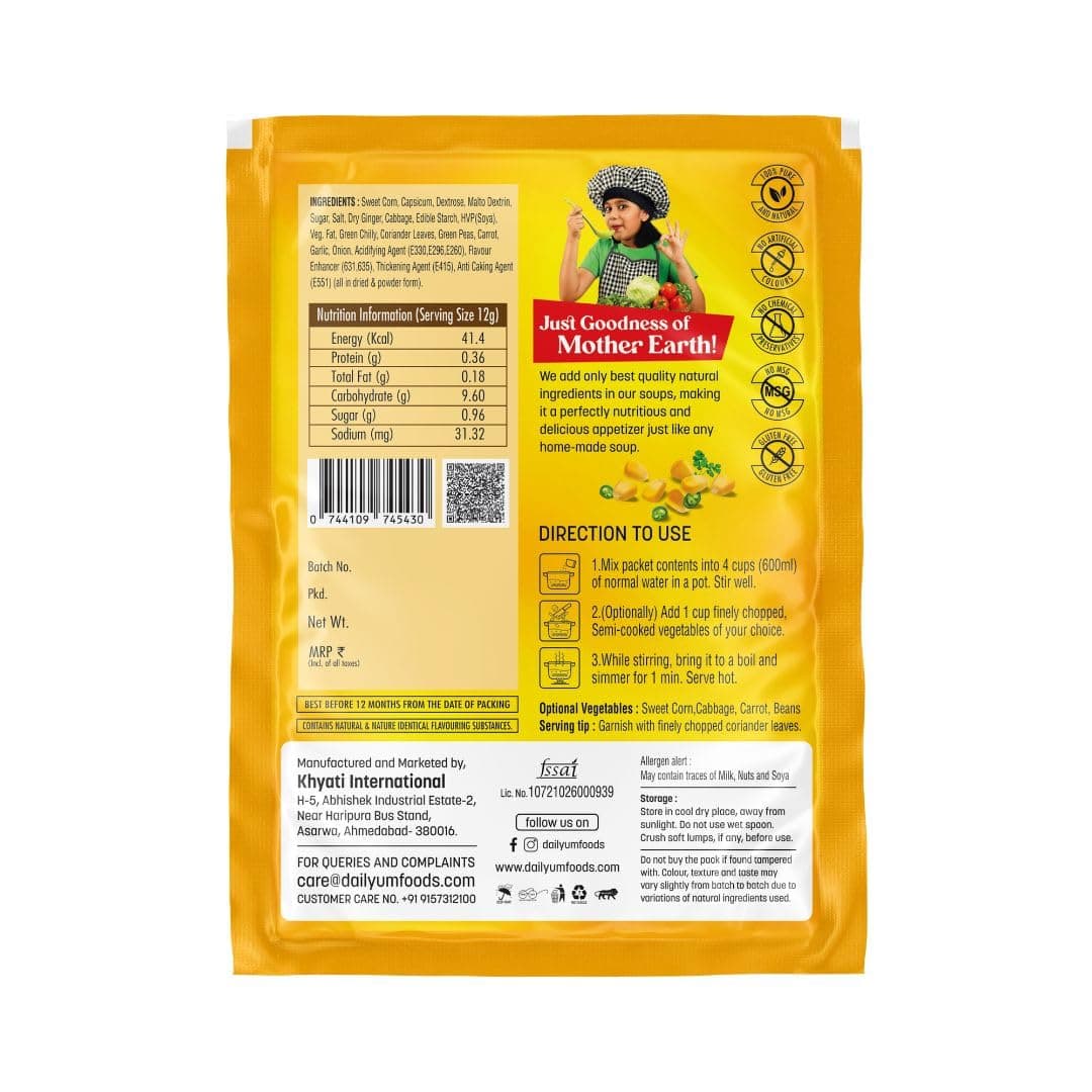 Dailyum Instant Sweet Corn Soup | Pack of 5 | Ready To cook Instant Soup |100% Natural | No MSG | No Chemical Preservatives | No artificial Flavours | Each 50g pack Serves 4 — image 5