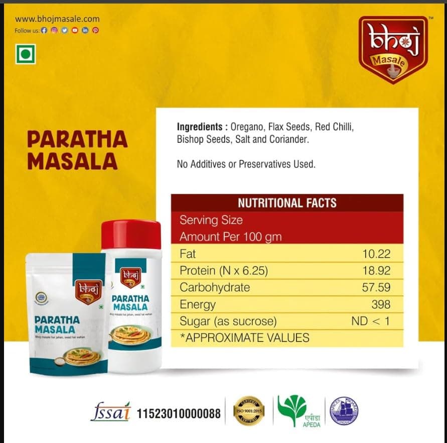 Bhoj Masale Paratha Masala 100GM | Premium Artisanal Jain Spices with Rich & Strong Flavour | Ready to Use | No added colours | No Onion and No Garlic (Jain Friendly) — image 3