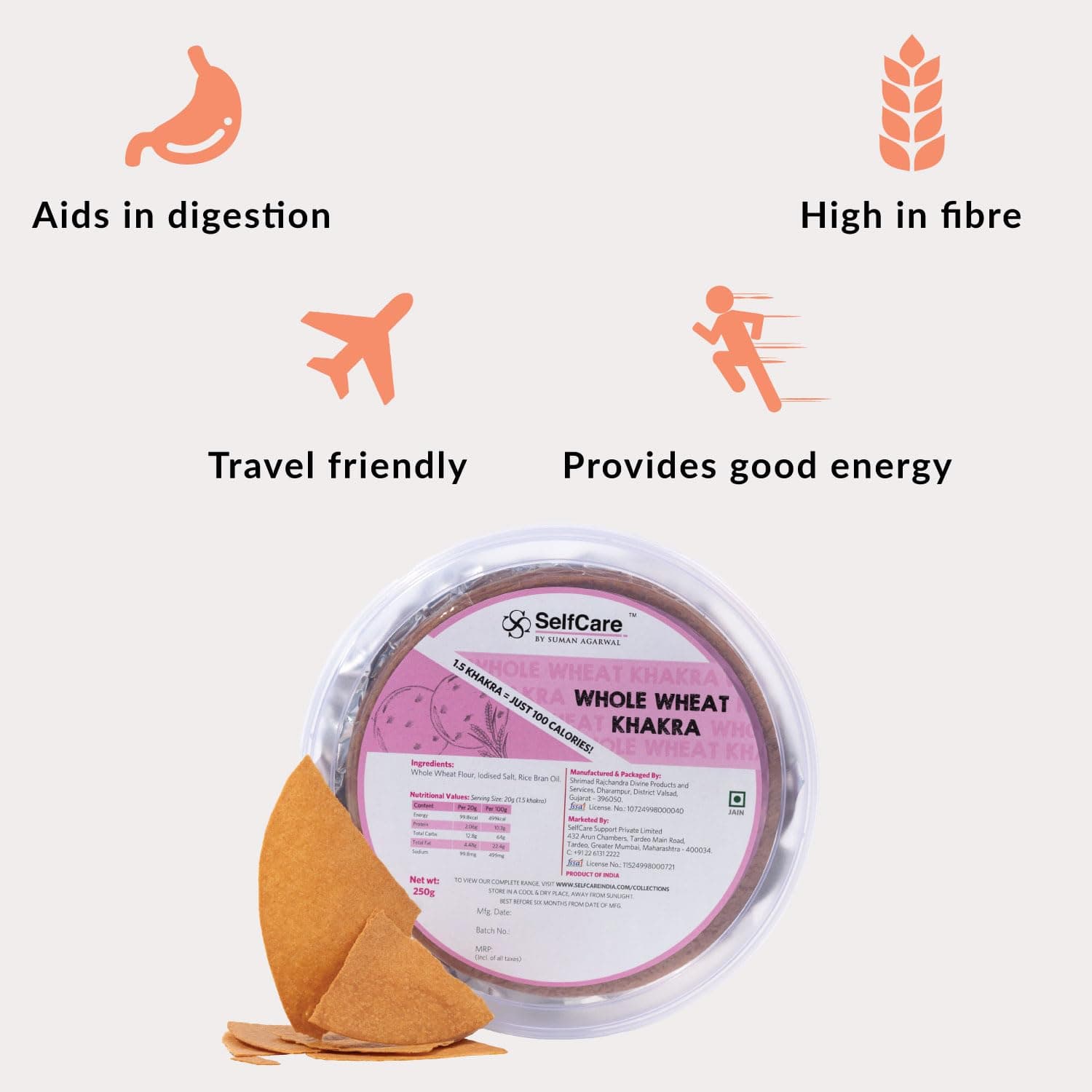 SelfCare By Suman Agarwal Whole Wheat Khakhra Pack of 1 250g | Travel Friendly - Aids digestion - Fibre Rich | Healthy-Snacks-Namkeen-Grocery | Crispy - Tea time - Eat with Dip | — image 3