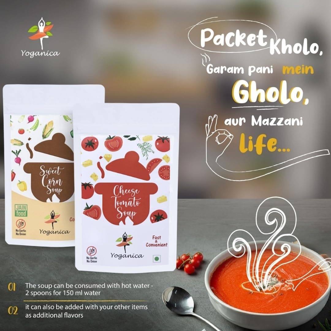 Yoganica Instant Pure Veg Soup Combo 100g x 2 (20 Servings) | No Onion No Garlic Soup Premix | Cheese Tomato & Sweet Corn Soup Premix | Ready-to-Cook Veg Soup | Light, Diet-Friendly & Easy to Digest — image 5