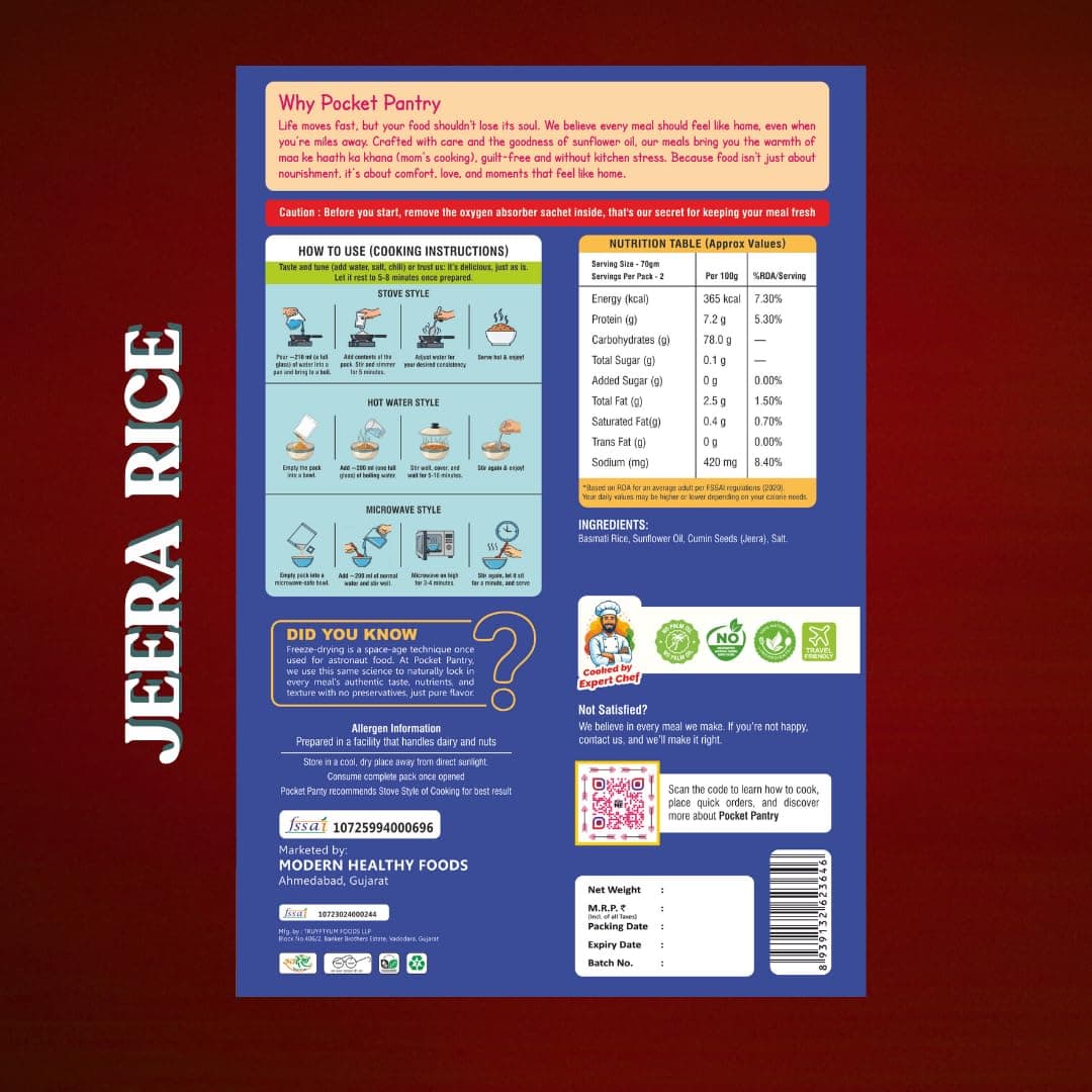 Pocket Pantry Ready to Eat Jeera Rice (Jain) | Freeze Dried |Rehydrated Wt 220gm | No Palm Oil, No Preservatives | 100% Natural | Dry Wt 80g | Serves 2 |Instant Meal — image 2
