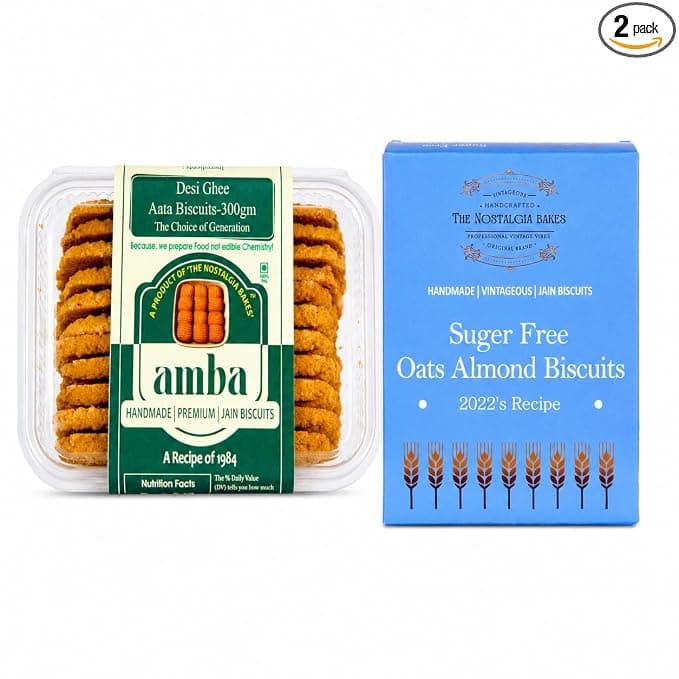 Amba Combo Pack | Desi Ghee Atta Biscuits & Sugar Free Oats Almond Biscuits | Handmade Premium Jain Cookies | Healthy Tea Time Snack | Crunchy Bakery Cookies Combo Pack
