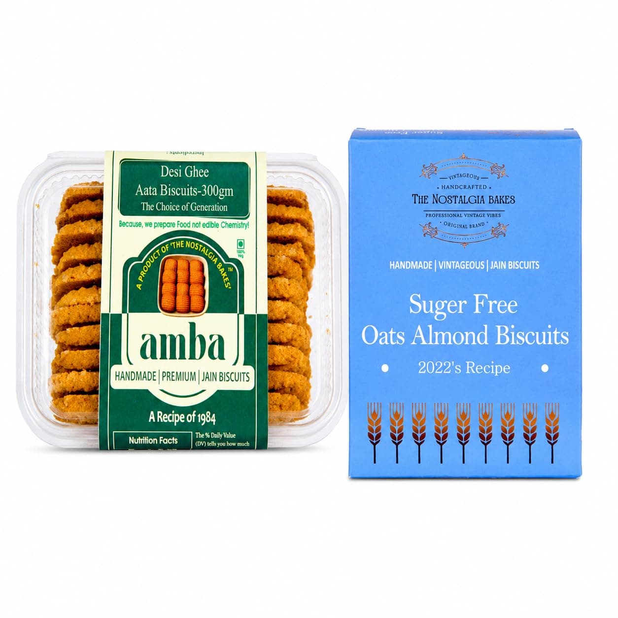 Amba Combo Pack | Desi Ghee Atta Biscuits & Sugar Free Oats Almond Biscuits | Handmade Premium Jain Cookies | Healthy Tea Time Snack | Crunchy Bakery Cookies Combo Pack — image 2