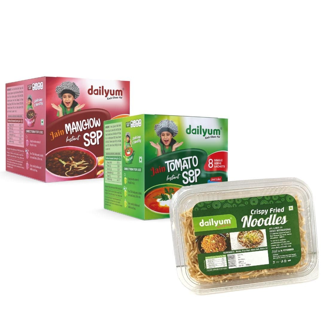 Dailyum Crispy Fried Noodles + Jain Instant Soup Box-Tomato and Manchow| 8 Single Serve Sachets,12g Each| Sip-A-Soup| Natural | No MSG | Pack of 3 Box — image 2