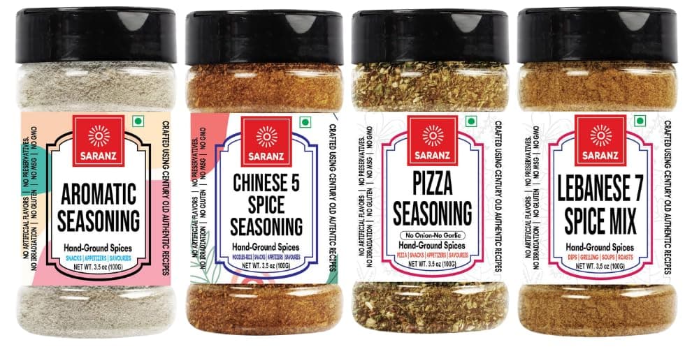 SARANZ Exotic Seasoning Combo (Lebanese 7 Spice, Pizza Mix Jain, Chinese 5 Spice Jain & Aromatic Powder) | Middle Eastern & International Blends | For Snacks, Vegan Dishes, Pizza & Marinades | 4x100g Sprinkler Jars — image 2