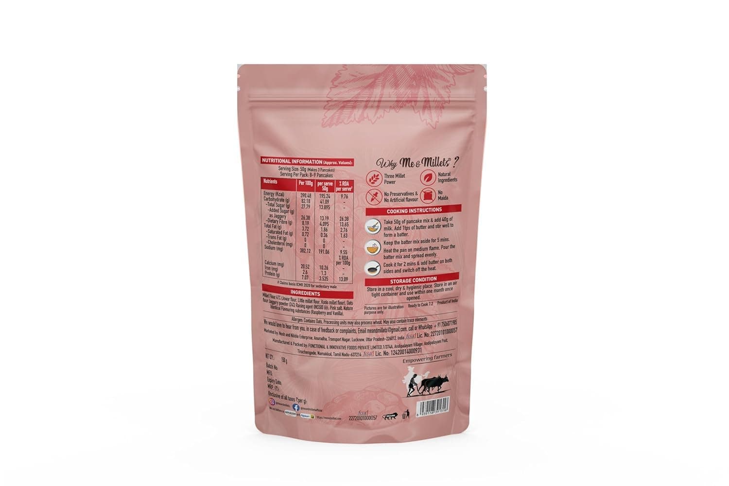 ME & MILLETS Raspberry Flavor Millet Pancake Mix (150g X 2) Sweetness Of Jaggery, No Maida, No Wheat, No Preservatives, Vegetarian, Eggless, Healthy Breakfast for Family (Jain Friendly) — image 3