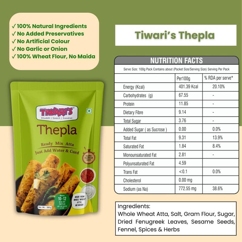 Tiwari’s Thepla Paratha/Poori Ready-To-Use Atta Mix | 100% Vegetarian, Vegan Instant Healthy High Protein & Fiber Flatbread Mix With No Preservatives, No Onion & Garlic | 300gm, Pack of 1 — image 2
