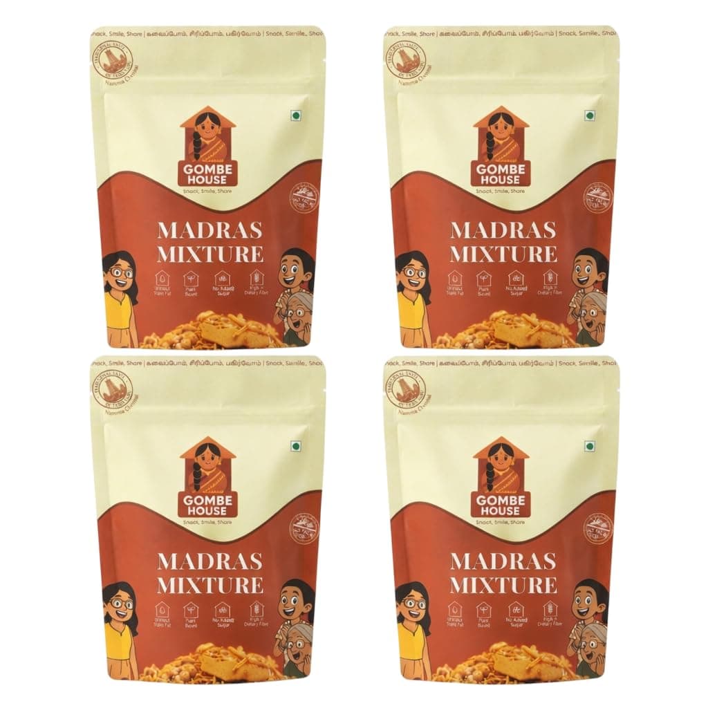 Gombe House Madras Mixture 120g Each (Pack of 4, 480g Total) South Indian Namkeen Snack Crispy & Tasty Tea Time Savory No Palm Oil & No Preservatives Vegan Friendly Traditional Homemade Flavor — image 2