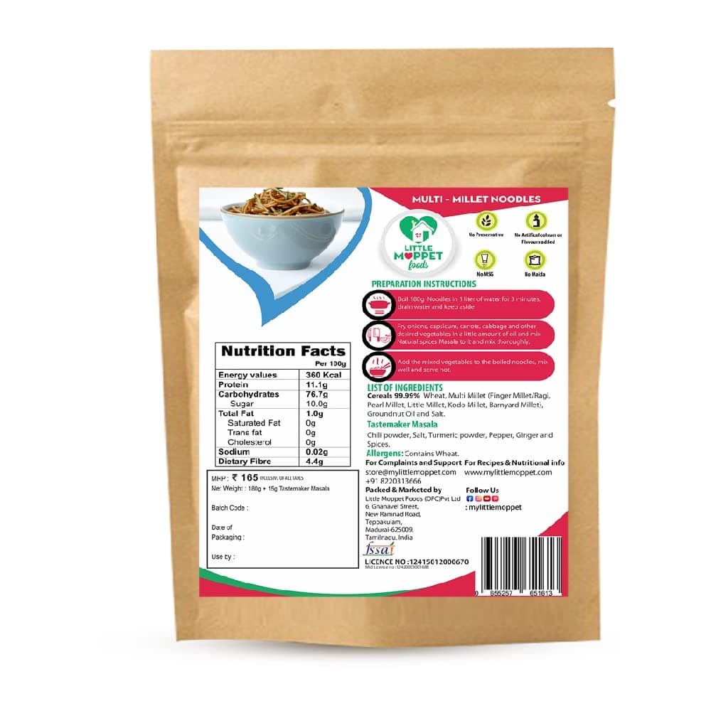 Little Moppet Foods Multimillet Noodles | No Maida, MSG, Preservative, Additives, Refined Oil | Sun Dried | Made with 5 Millet Supergrains |Vegetarian| Includes Tastemaker | Quantity - 195g — image 3
