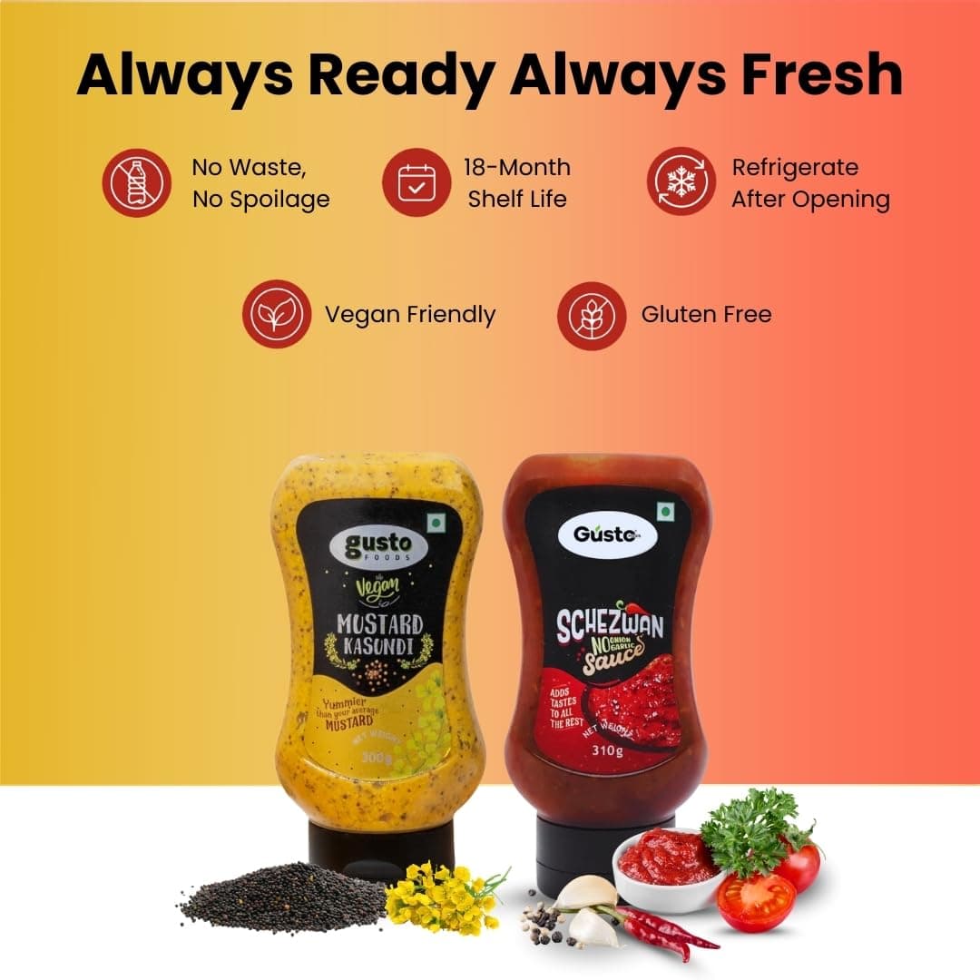 Gusto Foods Jain Sauce Combo | Schezwan Sauce and Mustard Kasundi | Zero Onion and Garlic | Spicy & Tangy | No chopping, grinding | No extra prep needed — image 8