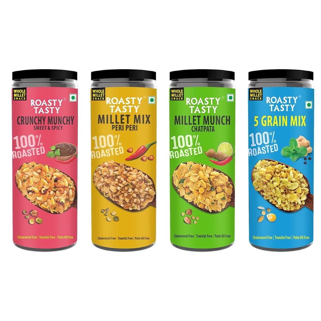 Roasty Tasty Millet Namkeen Combo | 100% Roasted, Non-Fried Munchies | 4 Flavours – Pudina, Peri Peri, Chatpata, Sweet & Spicy | 20% Millets | Healthy Snacks for Kids & Adults | Palm Oil-Free | 300g