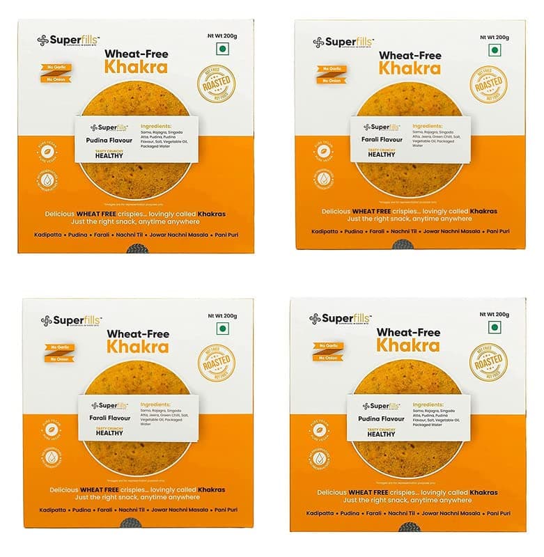 Superfills Wheat - Free Combo of 2 Farali+2 Pudina Flavour Khakra, Healthy Gujrati Crispy Indian Snacks | Ready to Eat | No Garlic & No Onion, 800 G