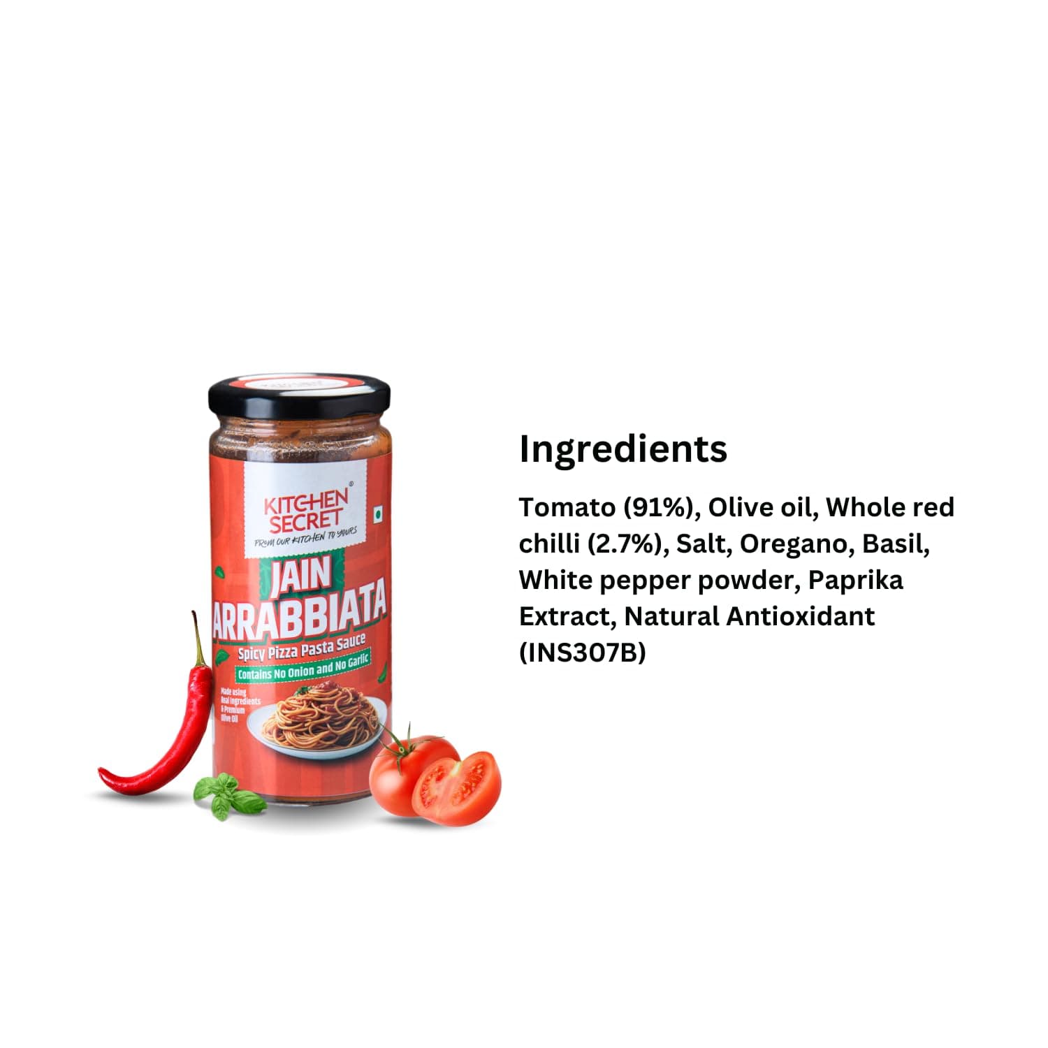Kitchen Secret Jain Arrabbiata No Onion No Garlic Spicy Red Pizza Pasta Sauce 390g - For Pasta, Spaghetti, Pizza, Sandwiches, Wraps, Quality Ingredients, No Preservatives, Taste of Italy — image 2