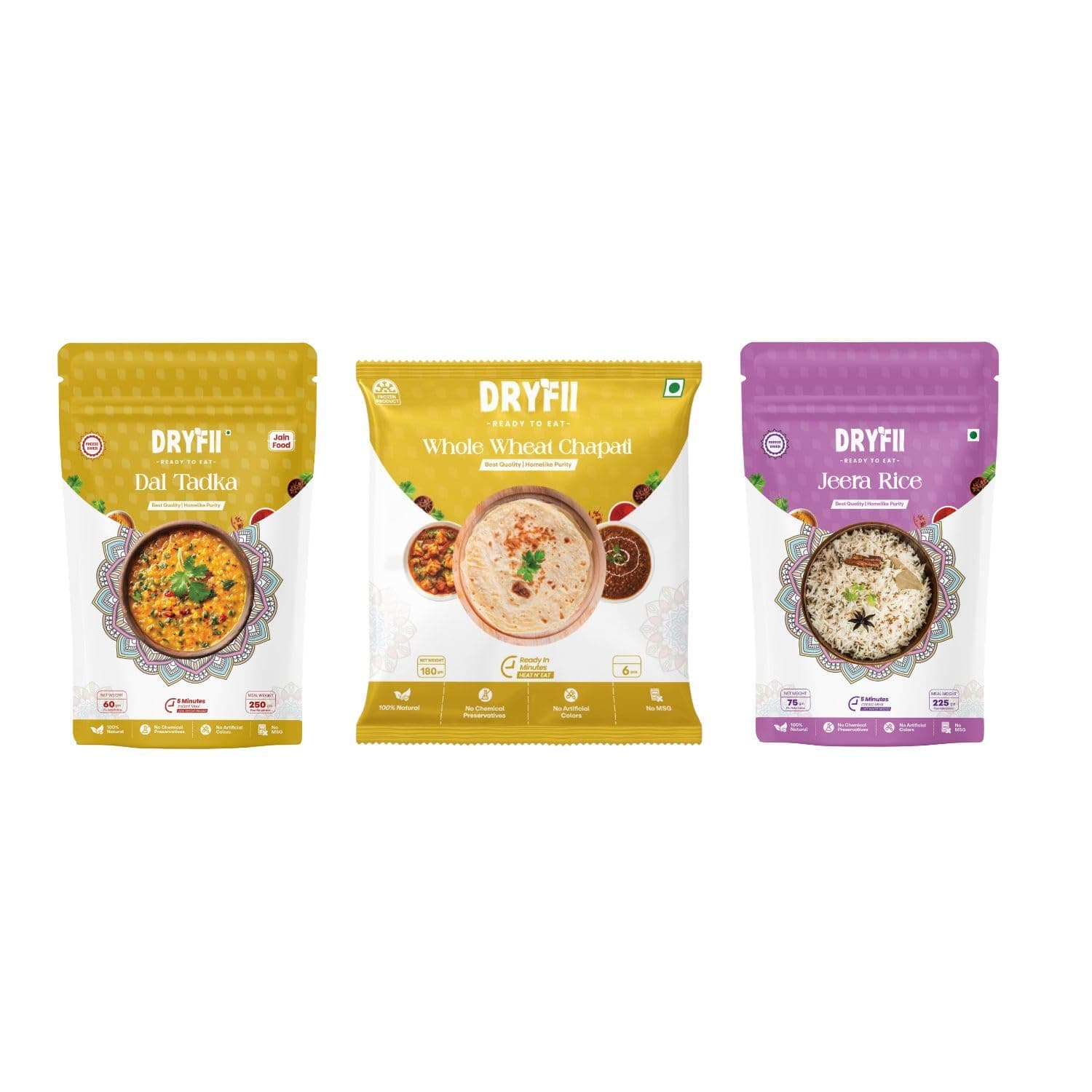 Dryfii Ready-to-Eat Chapati with Jain Dal Tadka & Rice | Satvik Indian Combo Meal | No Onion No Garlic | Healthy & Fresh Homemade Style Food