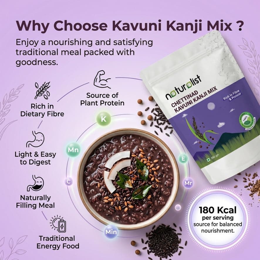 Naturalist by Avany Organics 350 gm Chettinad Kavuni Kanji mix | Black Rice Porridge mix | 100% Natural | Chemical Free | Fibre and Protein Rich Healthy Meal - 350 grams — image 5