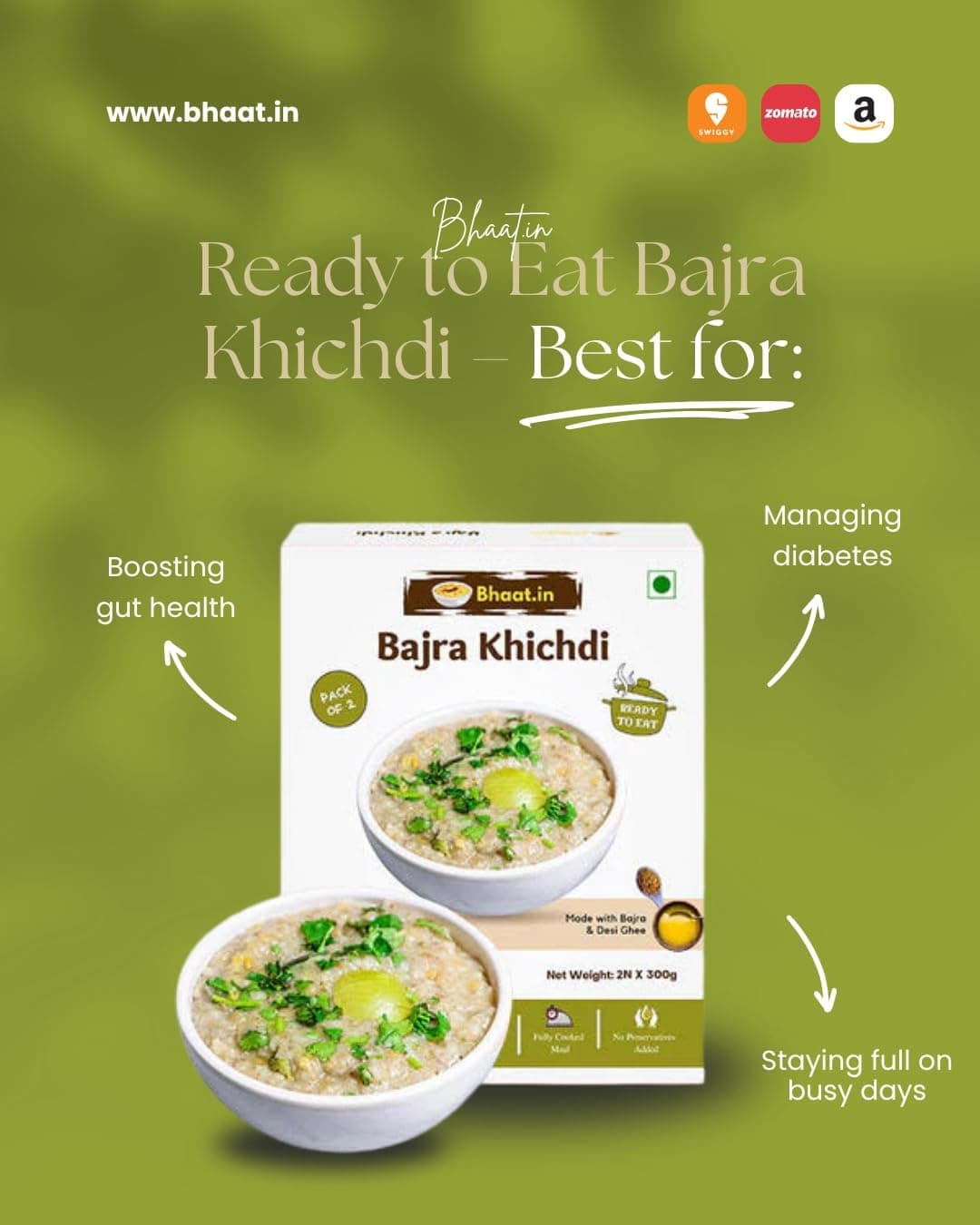 Bhaat.in Instant Bajra Khichdi |Pack of 2|PROTEIN 10GM |Wholegrain| Millet Meal |NO PALM OIL| Ready to Eat Healthy Meal | Pack of 2 | Just Add Hot Water | Gluten-Free | No Onion, No Garlic | Multigrain|Travel-Friendly | Daily meal|Ready to eat breakfast — image 8