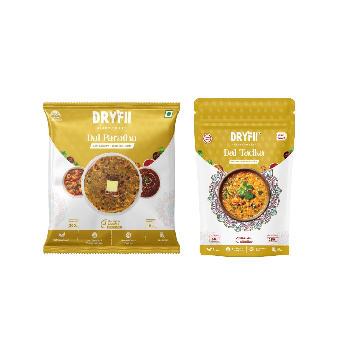 Dryfii Ready-to-Eat Dal Paratha (5 Pcs Parathas) with Jain Dal Tadka | Veg Combo Meal | Pure Vegetarian