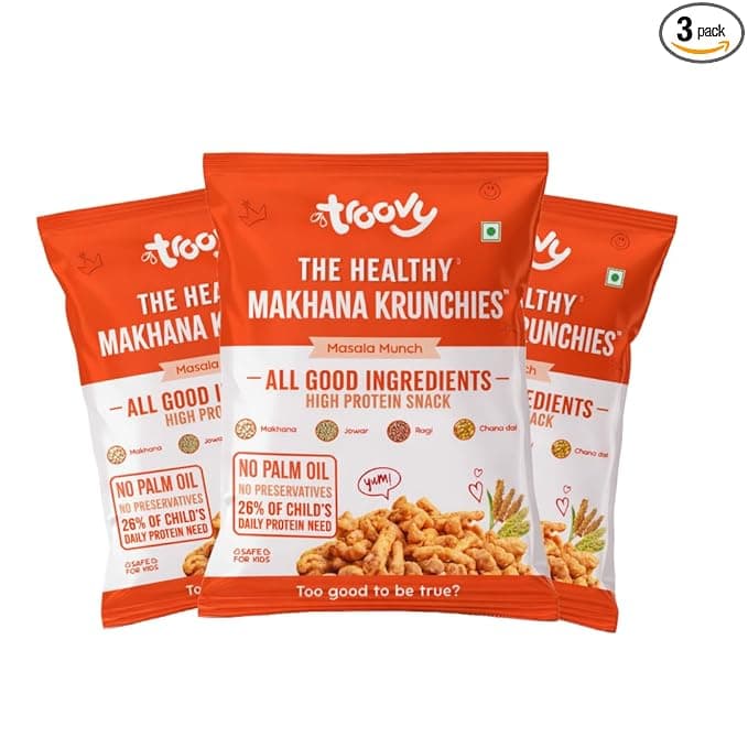 Troovy Healthy Makhana Krunchies (Pack of 3)| Natural Ingredients, Made with Makhana, Jowar, Chana Dal, Soy Protein, Ragi & Quinoa | Baked Snacks | 70gm x 3