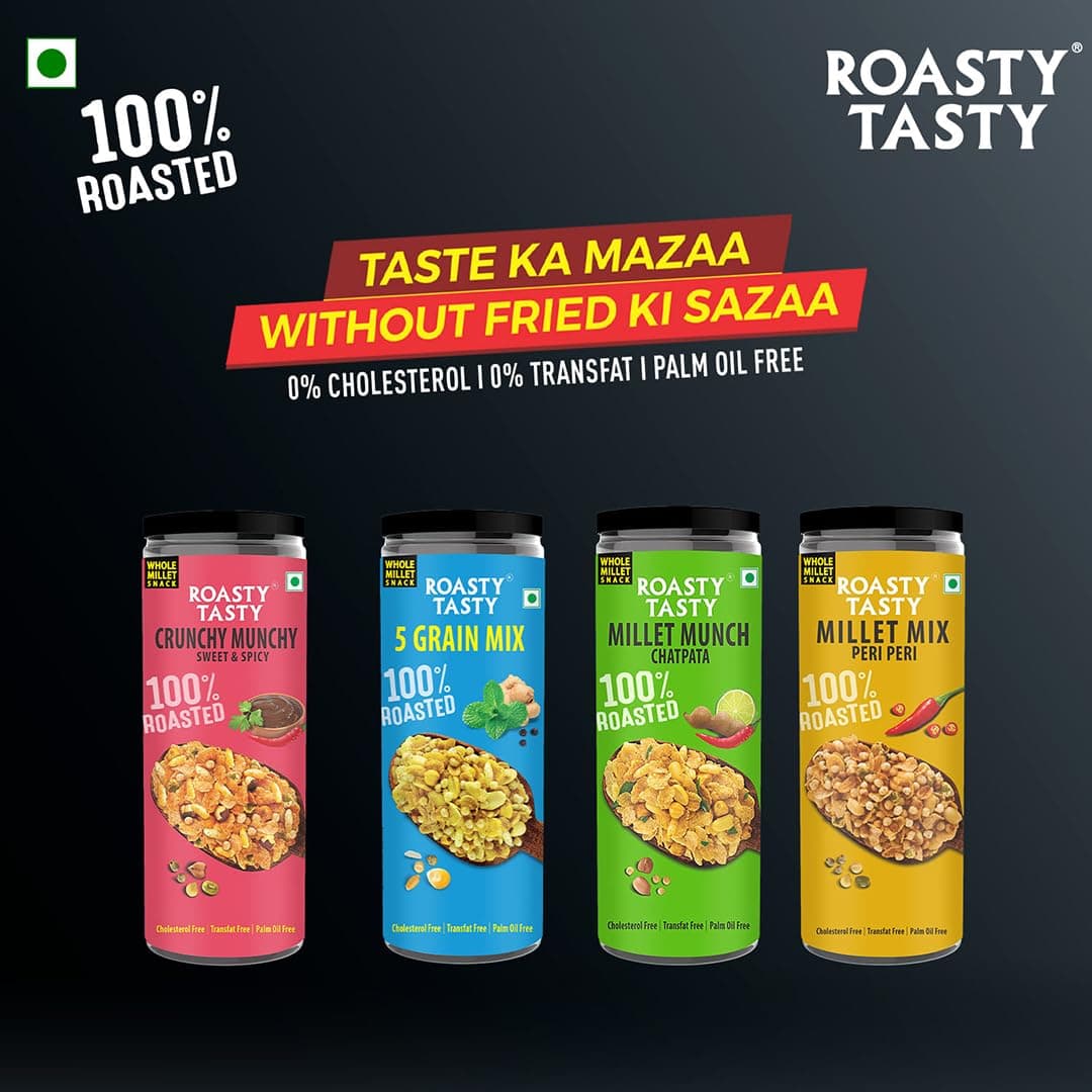 Roasty Tasty Millet Namkeen Combo | 100% Roasted, Non-Fried Munchies | 4 Flavours – Pudina, Peri Peri, Chatpata, Sweet & Spicy | 20% Millets | Healthy Snacks for Kids & Adults | Palm Oil-Free | 300g — image 4