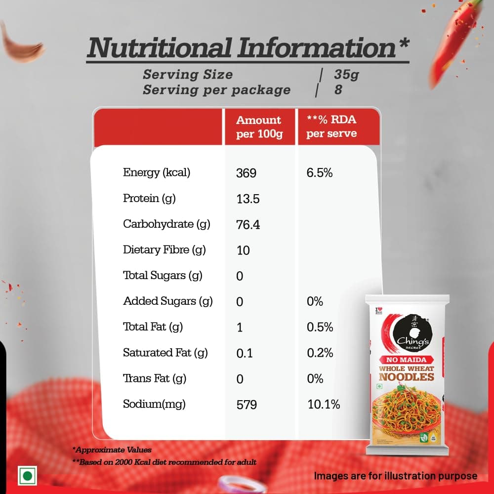 Ching’s Secret Whole Wheat Noodles 280g, No Maida, Air Dried/Not Fried, No Palm Oil, No MSG, High Fiber Atta Noodles (Serves 4) — image 2